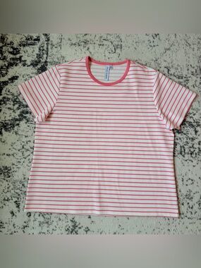 Grace + Karma Pink White Striped Ribbed Tee Size 3X Casual Stretch Top NWOT